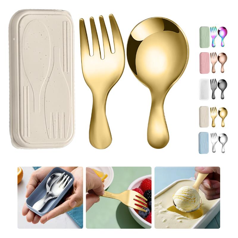Cooking Outdoor Camping - Edelstahl-Geschirr-Set, Löffel, Gabel, 2-teilig, tragbar, mit