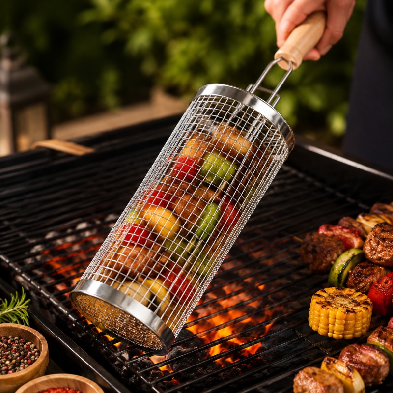 Outdoor Camping Outfit - Runder Grillkorb-Set aus Edelstahl, rollbarer Stahlgitter-Grill